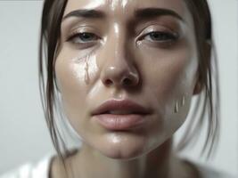 Sad desperate grieving crying woman with tears eyes AI Generated photo