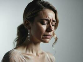 Sad desperate grieving crying woman with tears eyes AI Generated photo