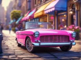 Pink retro car on vintage street background, Pink retro cabriolet car on vintage street background photo