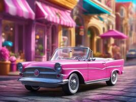 Pink retro car on vintage street background, Pink retro cabriolet car on vintage street background photo