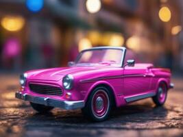 Pink retro car on vintage street background AI Generated photo