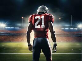 American football player wearing in uniform on backdrop stadium AI Generated photo