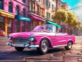 Pink retro car on vintage street background, Pink retro cabriolet car on vintage street background photo