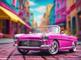 Pink retro car on vintage street background, Pink retro cabriolet car on vintage street background photo