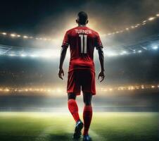 Soccer player wearing in uniform on backdrop stadium AI Generated photo