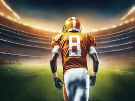 American football player wearing in uniform on backdrop stadium AI Generated photo