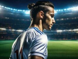 fútbol jugador vistiendo en uniforme en fondo estadio. ai generado foto