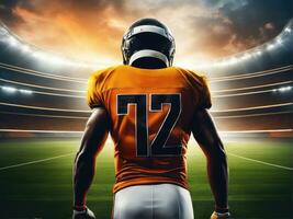 American football player wearing in uniform on backdrop stadium AI Generated photo