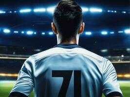 Soccer player wearing in uniform on backdrop stadium. AI Generated photo
