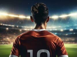 Soccer player wearing in uniform on backdrop stadium. AI Generated photo