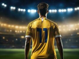 Soccer player wearing in uniform on backdrop stadium. AI Generated photo