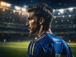 Soccer player wearing in uniform on backdrop stadium. AI Generated photo