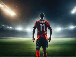 fútbol jugador vistiendo en uniforme en fondo estadio. ai generado foto