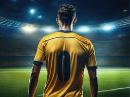 Soccer player wearing in uniform on backdrop stadium. AI Generated photo