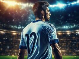 Soccer player wearing in uniform on backdrop stadium. AI Generated photo