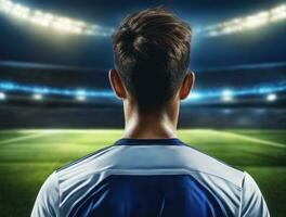 Soccer player wearing in uniform on backdrop stadium. AI Generated photo