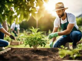 People hand helping plant the tree working together AI Generated photo