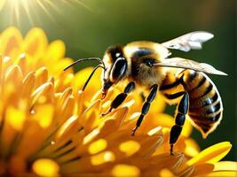 Flying honey bee collecting pollen at yellow flower AI Generated photo