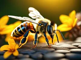 Flying honey bee collecting pollen at yellow flower AI Generated photo