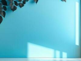 Blue studio wall with shadow and leaves. AI Generated photo