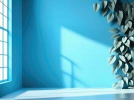 Blue studio wall with shadow and leaves. AI Generated photo