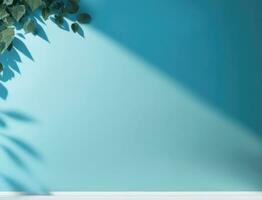 Blue studio wall with shadow and leaves. AI Generated photo