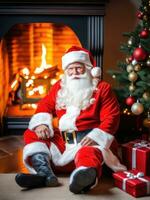 Papa Noel claus en un hermosa habitación siguiente a el hogar y Navidad árbol ai generado foto