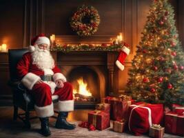 Papa Noel claus en un hermosa habitación siguiente a el hogar y Navidad árbol ai generado foto