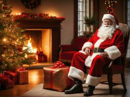 Papa Noel claus en un hermosa habitación siguiente a el hogar y Navidad árbol ai generado foto