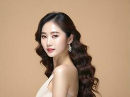 Young Asian beauty woman with korean makeup style. Perfect skin on isolated beige background. AI Generated photo