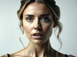 Shocked and scared young woman standing isolated over white background AI Generated photo