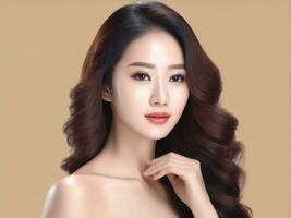 Young Asian beauty woman with korean makeup style. Perfect skin on isolated beige background. AI Generated photo