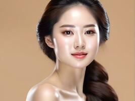 joven asiático belleza mujer con coreano maquillaje estilo. Perfecto piel en aislado beige antecedentes. ai generado foto