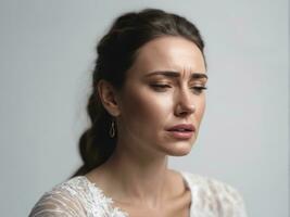 Sad desperate grieving crying woman with tears eyes during trouble, AI Generated photo