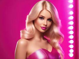 Cute blonde girl, doll style in fashion pink dress, studio pink background AI Generated photo