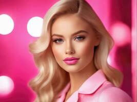 Cute blonde girl, doll style in fashion pink dress, studio pink background AI Generated photo