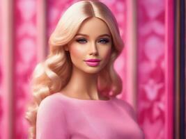 Cute blonde girl, doll style in fashion pink dress, studio pink background AI Generated photo