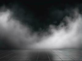 Dark room or stage with concrete floor background for product placement. Panoramic view of the abstract fog. AI Generated photo