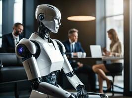 AI robot waiting for a job interview. Modern technologies, robot versus human AI Generated photo