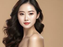 Young Asian beauty woman with korean makeup style. Perfect skin on isolated beige background. AI Generated photo