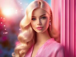 Cute blonde girl, doll style in fashion pink dress, studio pink background AI Generated photo