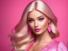 Cute blonde girl, doll style in fashion pink dress, studio pink background AI Generated photo