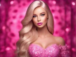 Cute blonde girl, doll style in fashion pink dress, studio pink background AI Generated photo