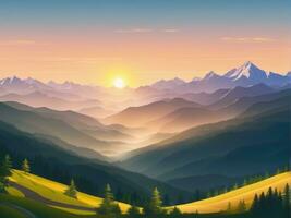 Amazing mountain landscape with colorful vivid sunset on the cloudy sky AI Generated photo