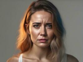 Sad desperate grieving crying woman with tears eyes during trouble, AI Generated photo