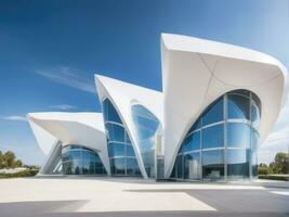 AI Generated White futuristic building against the blue sky and white clouds photo