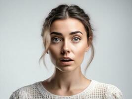 Shocked and scared young woman standing isolated over white background AI Generated photo