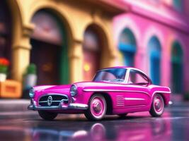 Pink retro car on vintage street background AI Generated photo