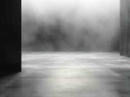 Dark room or stage with concrete floor background for product placement. Panoramic view of the abstract fog. AI Generated photo