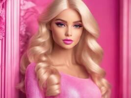 Cute blonde girl, doll style in fashion pink dress, studio pink background AI Generated photo